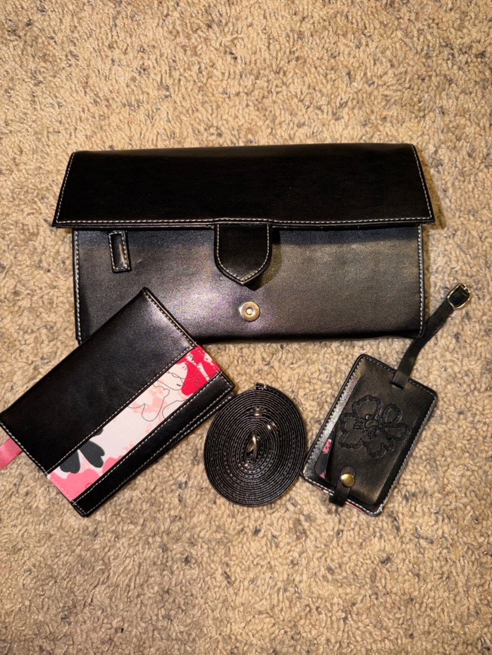 Mary Kay Black Leather Clutch Set with Floral Accent